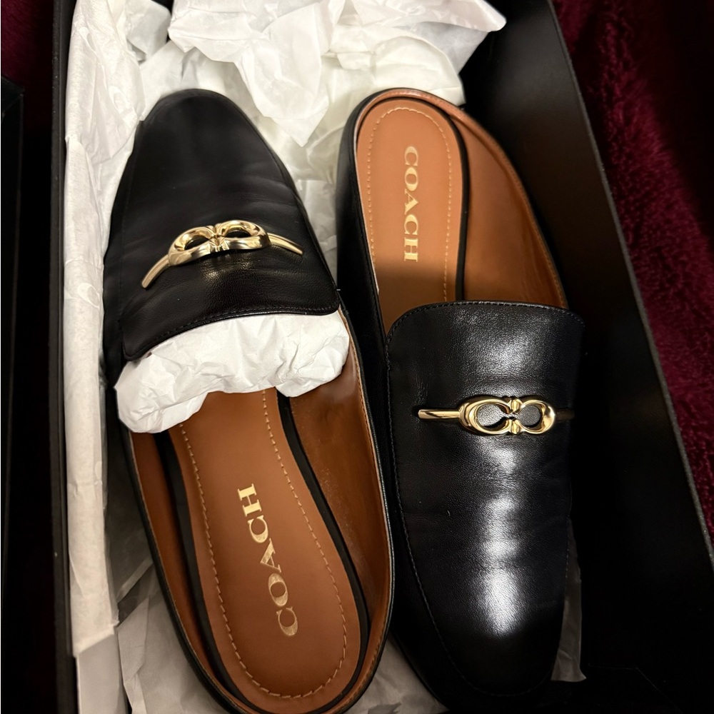 Coach Black Leather Mules with Gold Accent